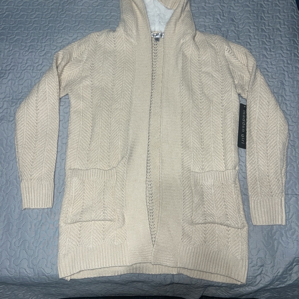 Madden Girl knit open front cardigan Sherpa hoodie sweater jacket pockets small